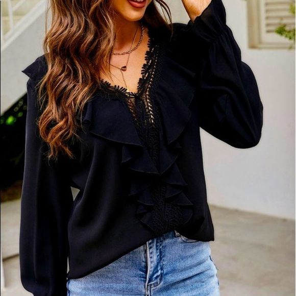 NWT! FLOUNCE SLEEVE RUFFLE TRIM GUIPURE LACE BLOUSE IN BLACK! - Picture 6 of 10